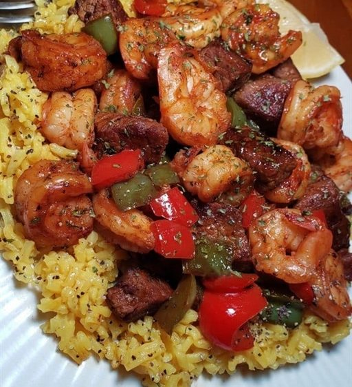 Jerk Steak & Shrimp over Yellow Rice