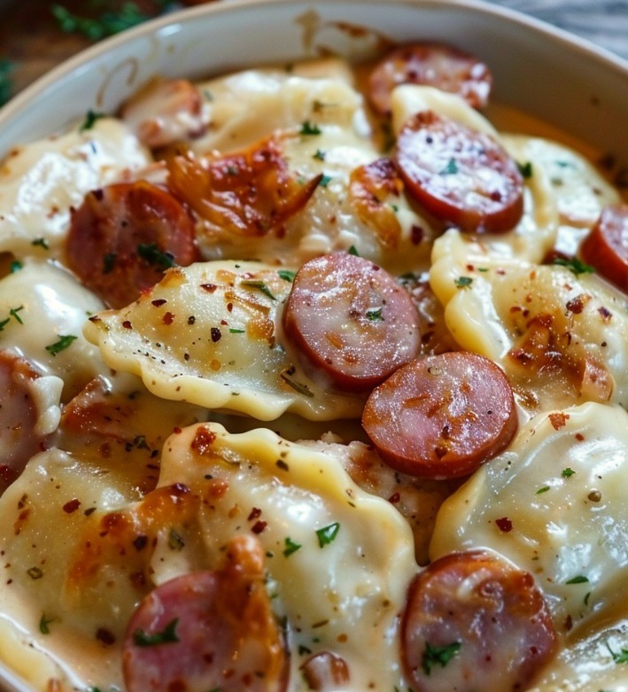 Recipe for a slow cooker dish with pierogies and sausage.