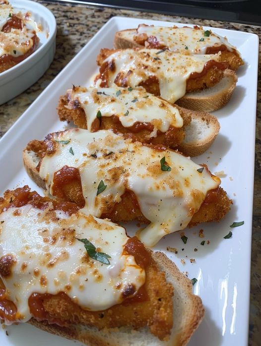 Chicken tenders on Texas toast with sauce and sherred mozzarella