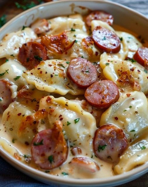 Crockpot Pierogi Casserole with Kielbasa