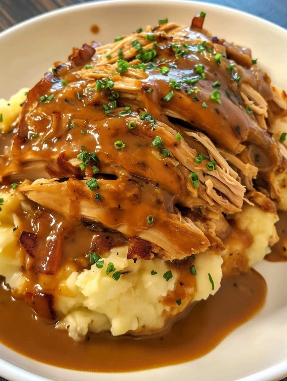 SAVORY SHREDDED CHICKEN WITH CREAMY GRAVY OVER MASHED POTATOES