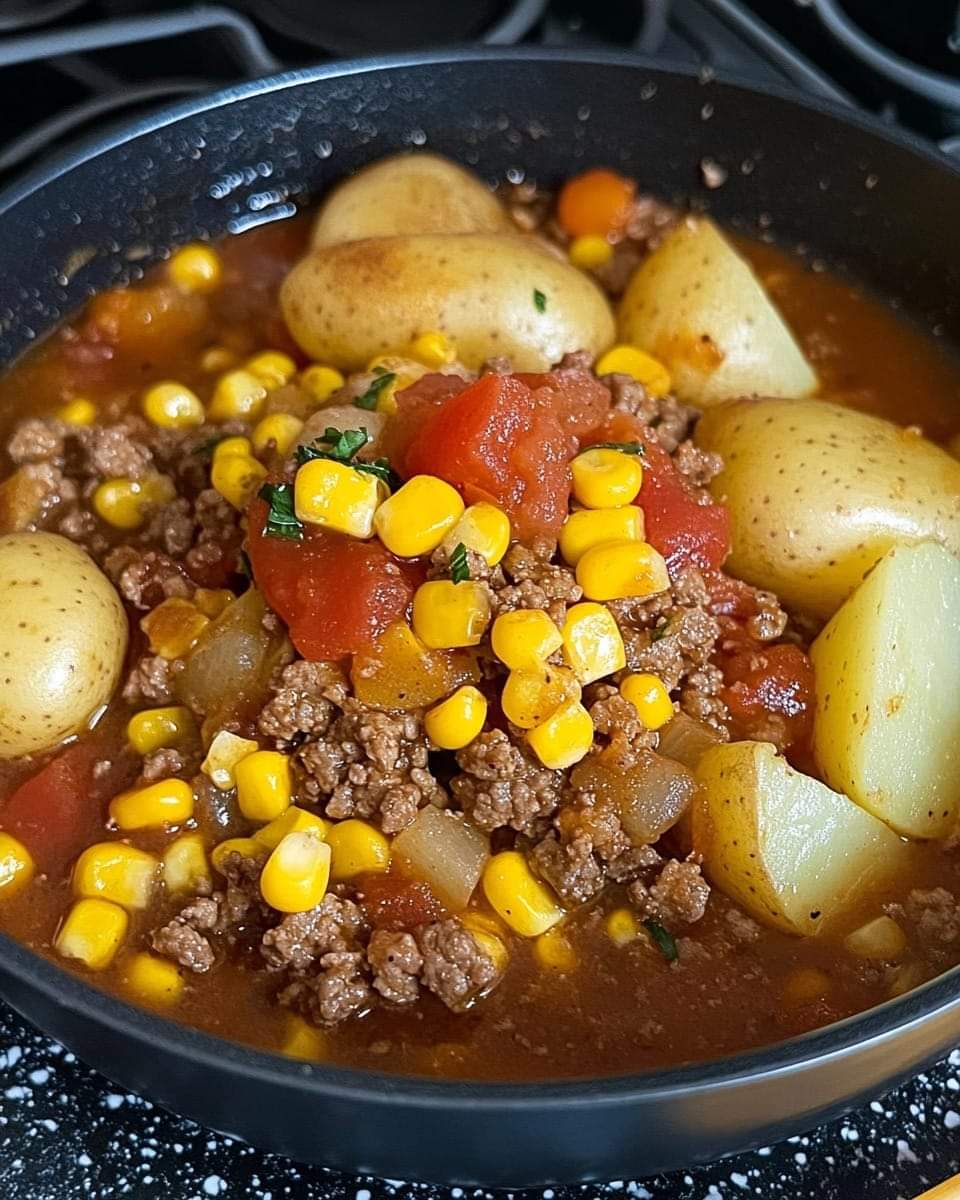 Hamburger meat , corn, potatoes and tomatoes