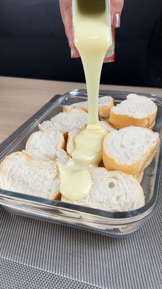 Beat the condensed milk with the bread! I make this dessert for years in 5 minutes!