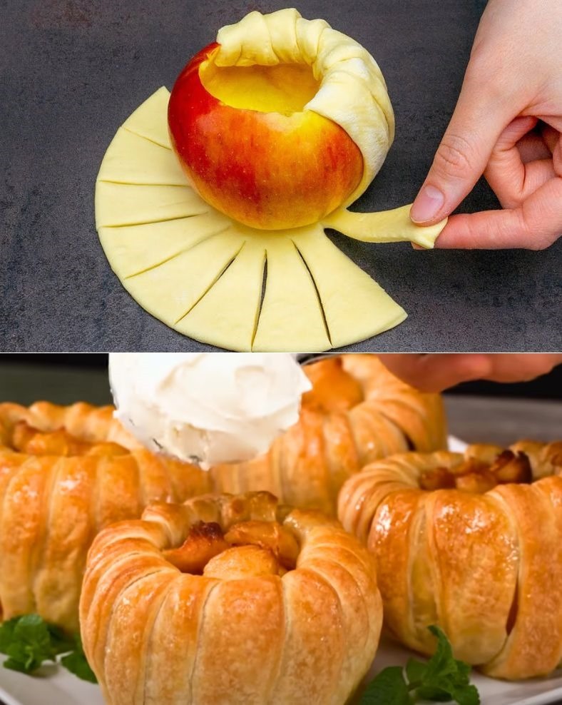 Puff pastry wrapped apples with caramel sauce and cinnamon cream