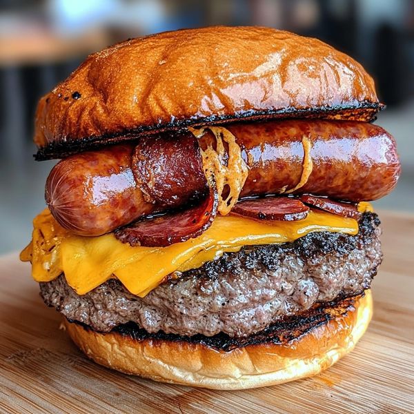 🍔 The Ultimate Burger: Beef, Cheddar & Sausage Stack 🍳🧀