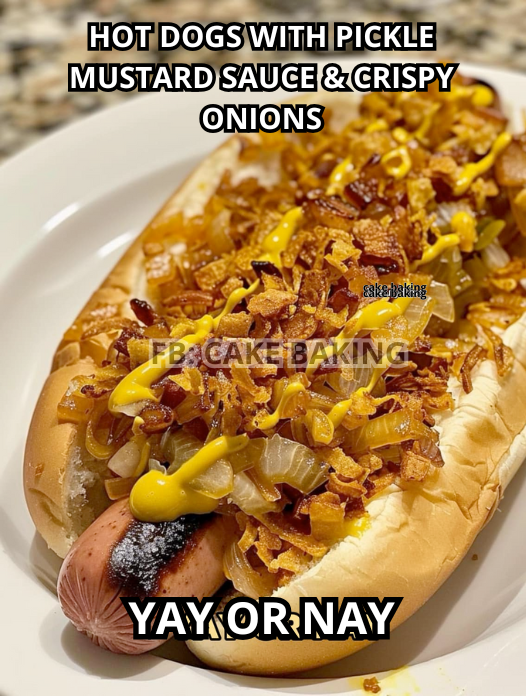 HOT DOGS WITH PICKLE MUSTARD SAUCE & CRISPY ONIONS