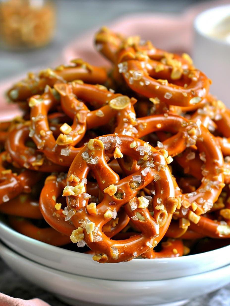 Last night I whipped up a batch of irresistible Butter Toffee Pretzels.