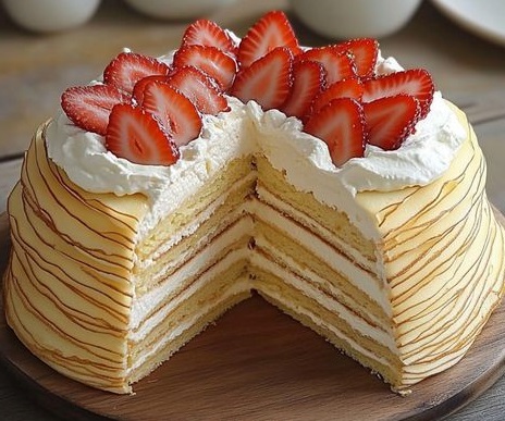 Pancake Cake with Mascarpone Cream and Vanilla, decorated with Strawberries.